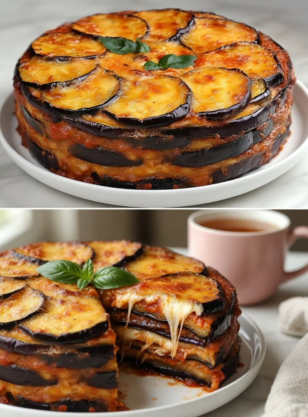 Sliced eggplant cake topped with fresh cream and berries on a wooden table