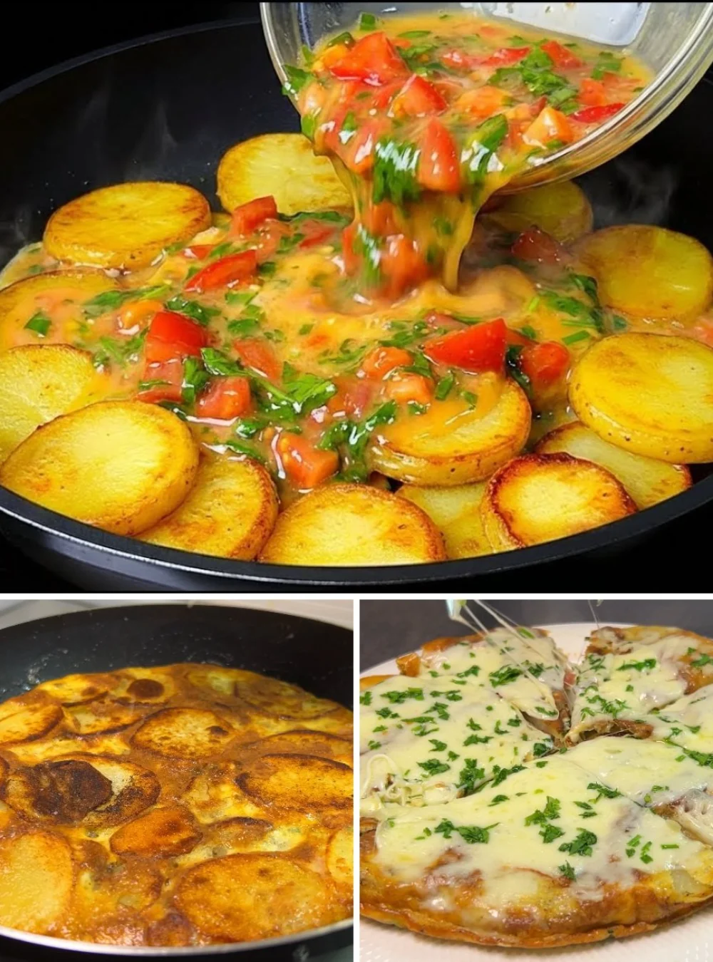 Delicious breakfast skillet with eggs and potatoes served in a skillet