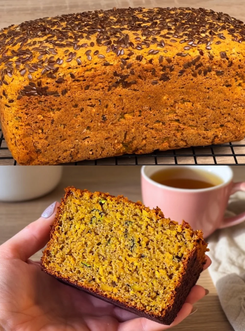 Flourless zucchini carrot oat bread sliced on a wooden board