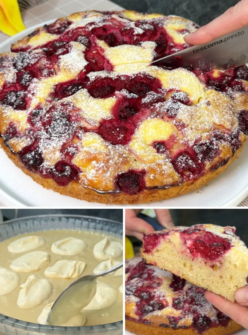 Fluffy light cake topped with fresh berries, perfect dessert option
