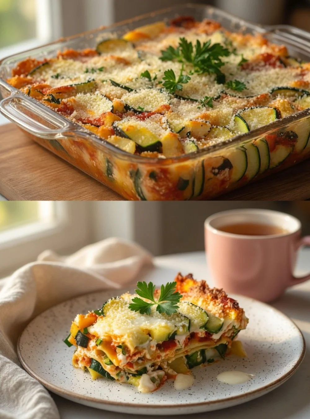 Garden zucchini bake topped with cottage cheese and garlic yogurt sauce