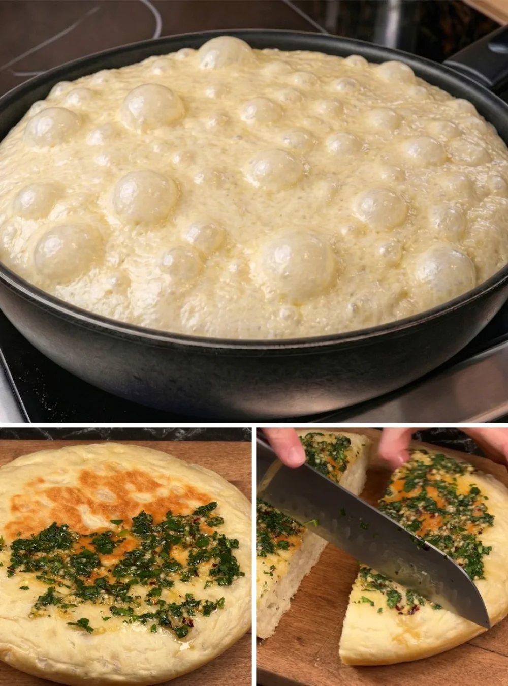 Golden butter bread with a garlic topping served on a wooden platter