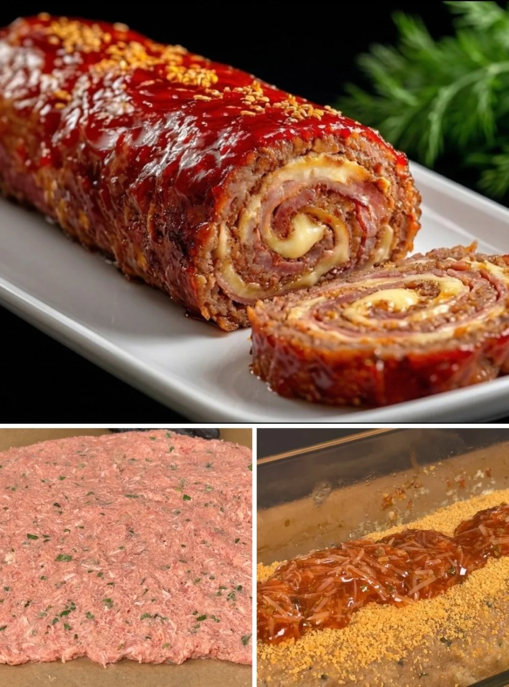 Juicy meatloaf served on a plate with mashed potatoes and green beans