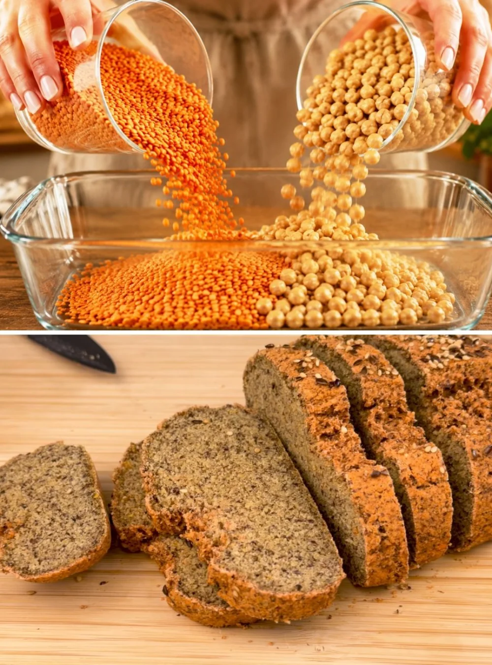 Sliced Lentil Chickpea Bread on a wooden cutting board