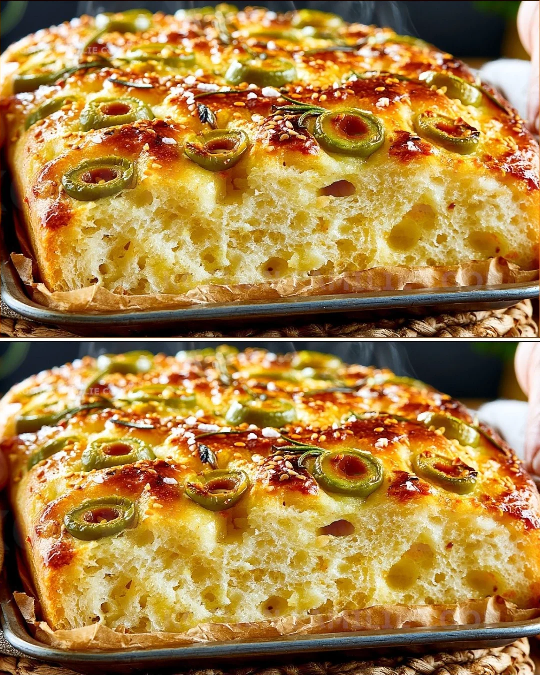 Savory lentil focaccia bread topped with olives, fresh and delicious