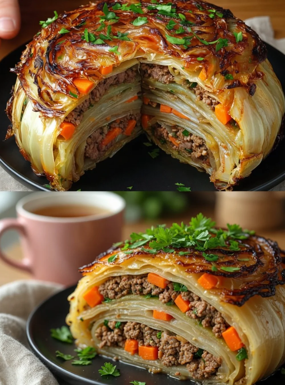 Delicious magical cabbage dish served on a plate with fresh herbs.