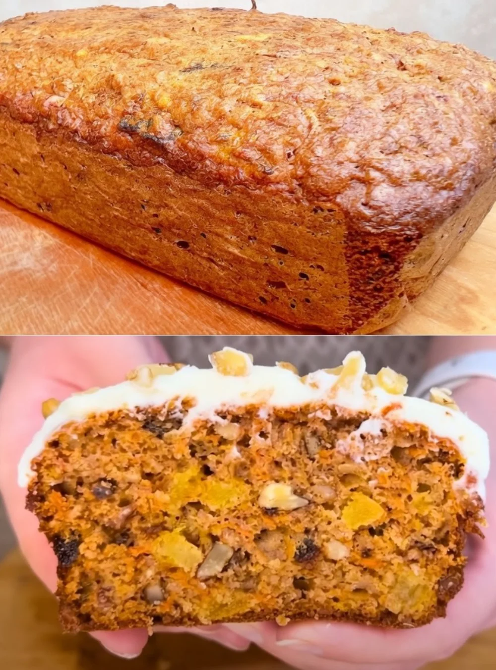 Moist oatmeal carrot cake topped with cream cheese frosting on a plate