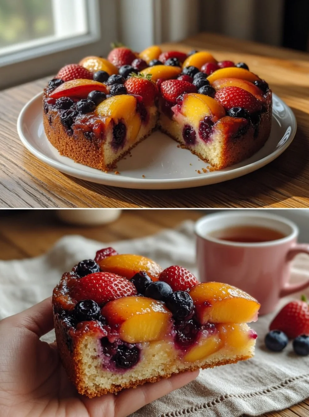 Moist fruit cake with summer peaches and fresh berries on a rustic table