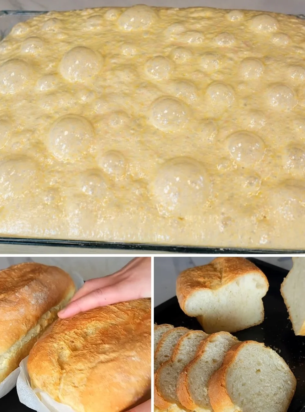 Freshly baked no knead bread loaf on a wooden table