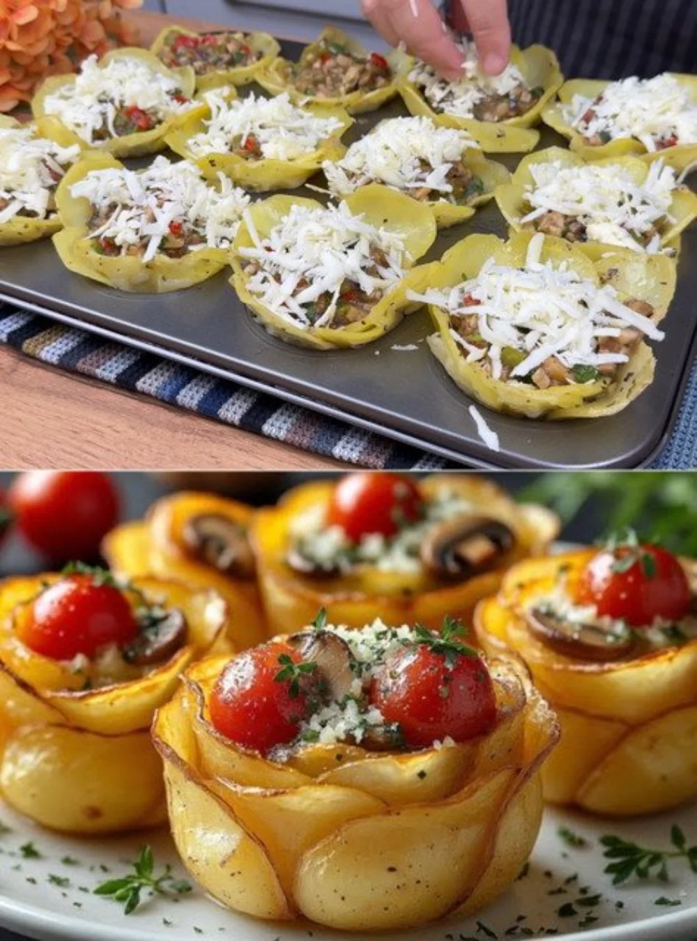 Crispy and cheesy Potato Roses served on a plate, garnished with herbs.