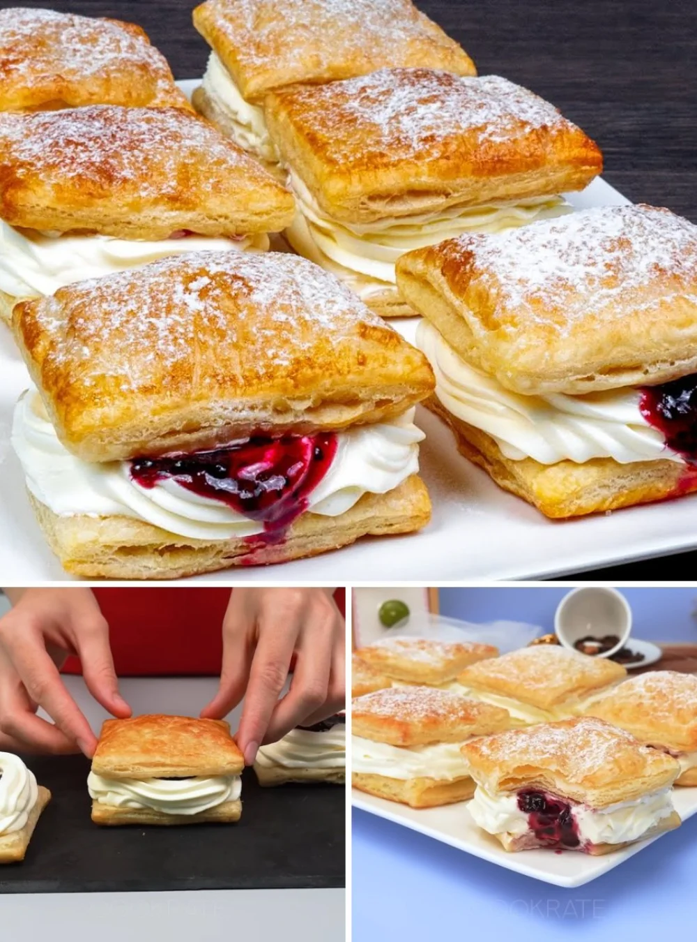 Delicious puff pastry dessert topped with rich pastry cream.