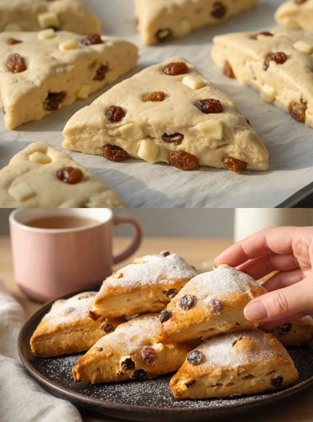 Delicious soft apple scones on a rustic wooden table, perfect for breakfast.