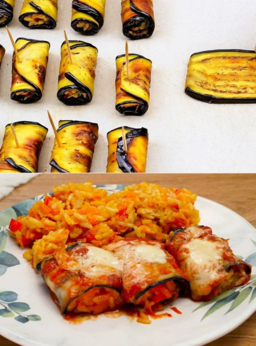 Stuffed eggplant rolls filled with vegetable rice and topped with tomato sauce.