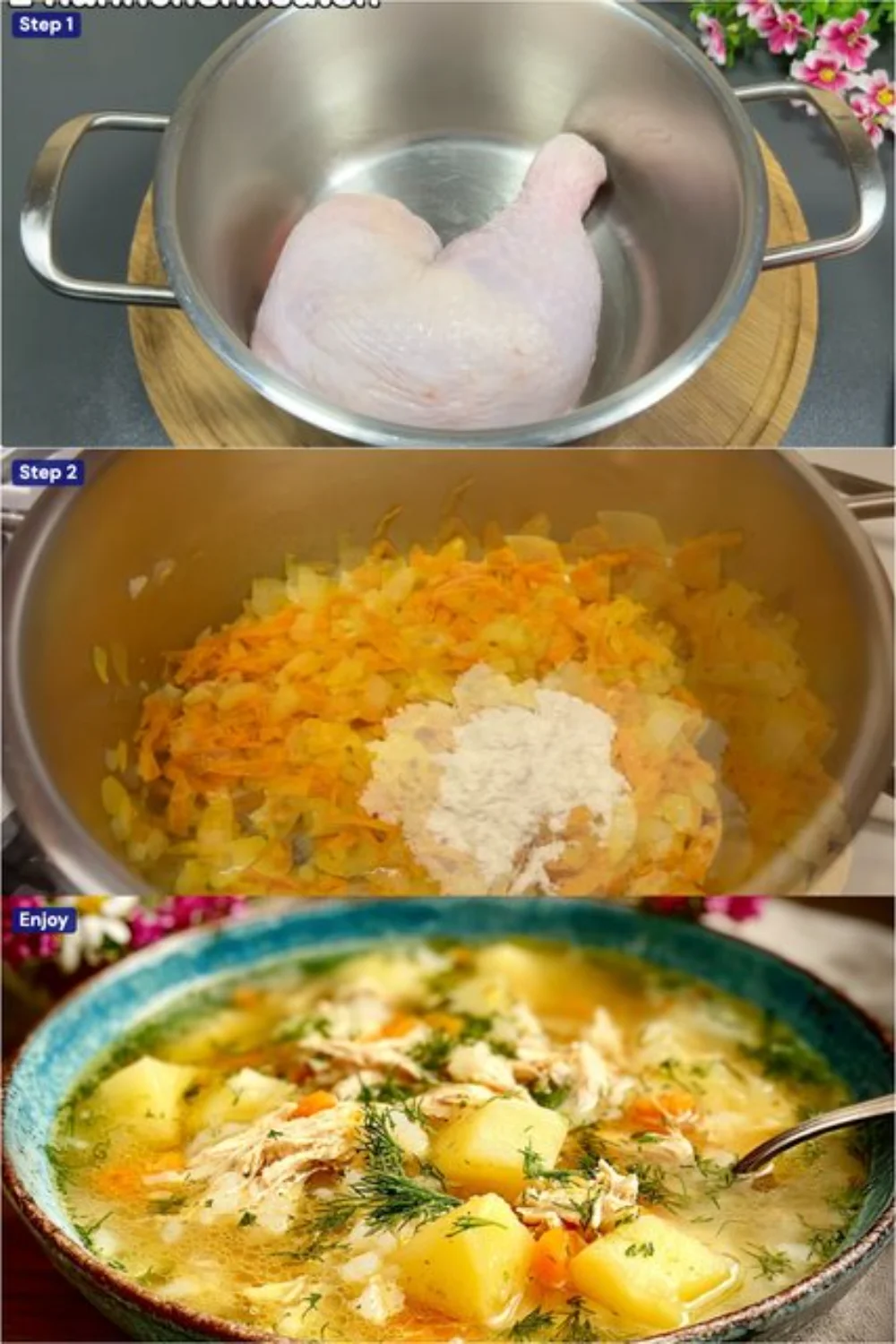 A bowl of healthy homemade chicken soup with vegetables for comfort food.