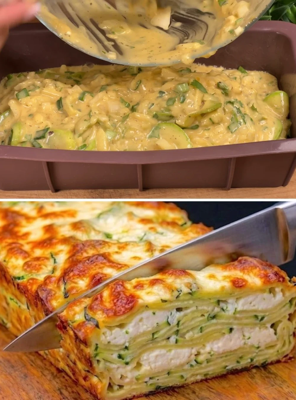 Zucchini and eggs dish served in a skillet, decorated with herbs.