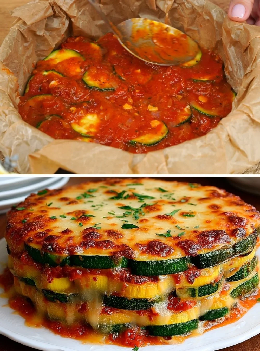 A delicious zucchini bake topped with cheese and herbs, garnished with fresh greens.