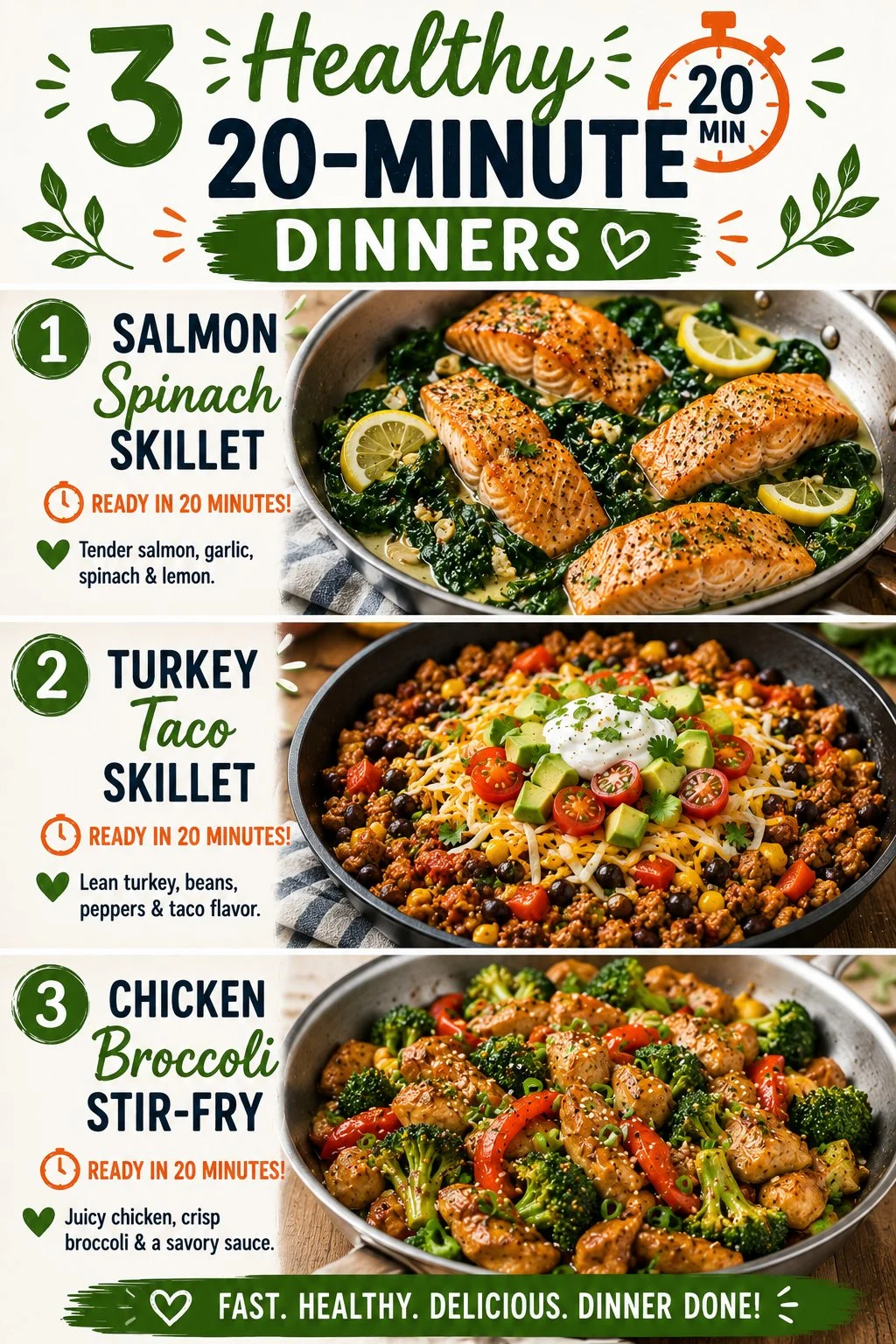 Three healthy 20-minute dinner options: Salmon Spinach Skillet, Turkey Taco Skillet, Chicken Broccoli Stir-Fry