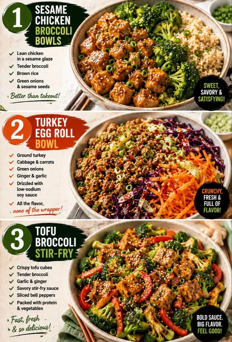 Healthy Asian-inspired dinners featuring Sesame Chicken Bowls and Tofu Broccoli Stir-Fry.