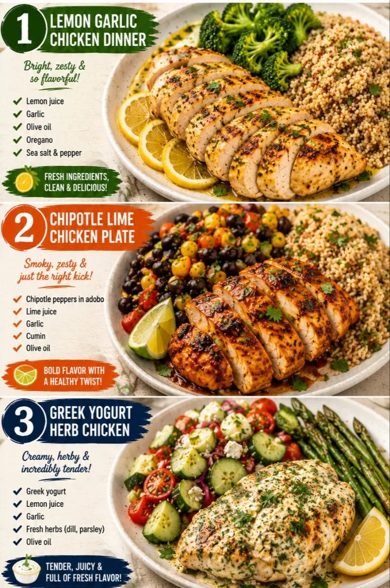 Three healthy chicken marinades: Lemon Garlic, Chipotle Lime, Greek Yogurt Herb.