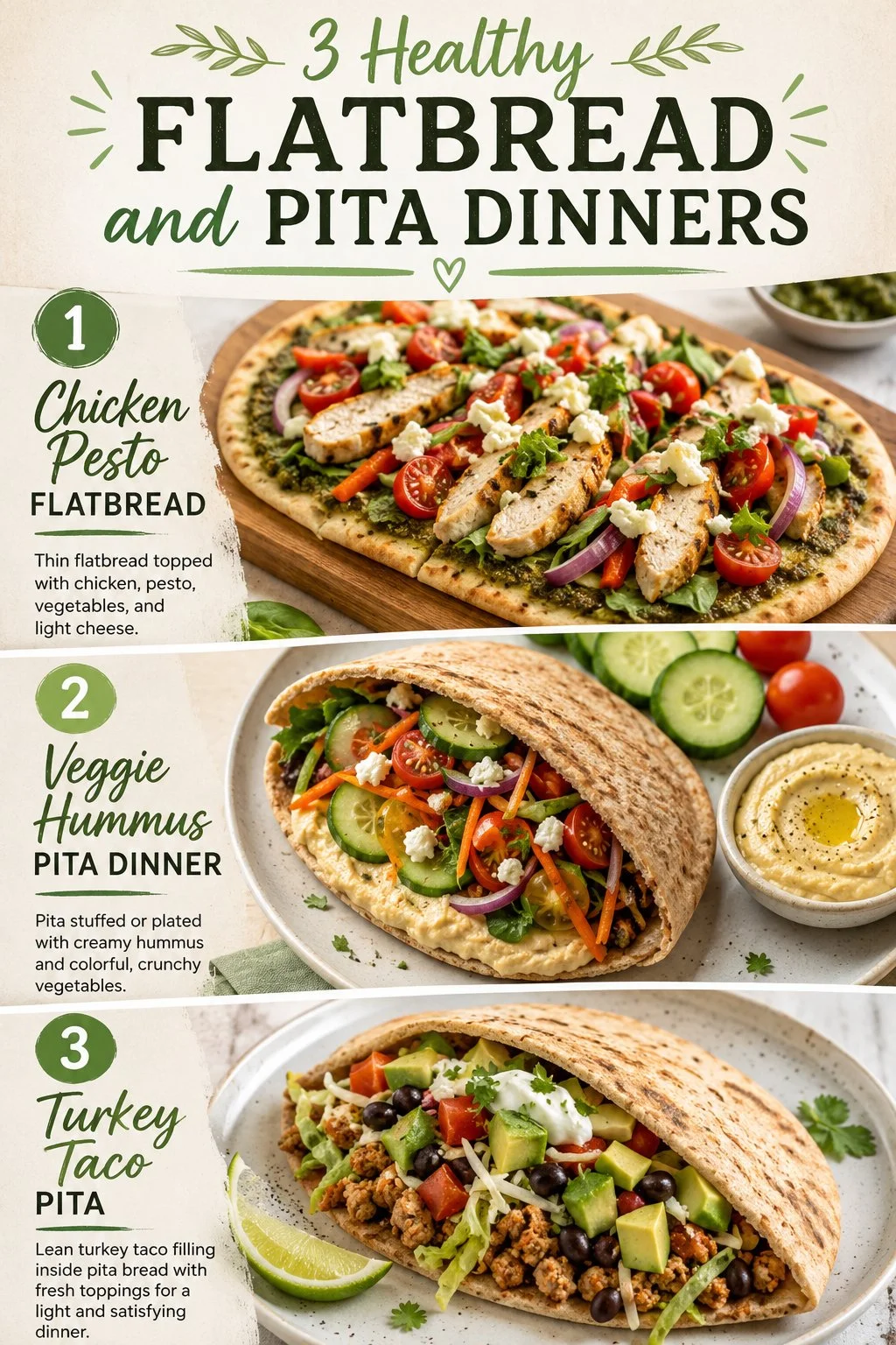 Healthy flatbread dinners including chicken pesto, veggie hummus, and turkey taco pitas.