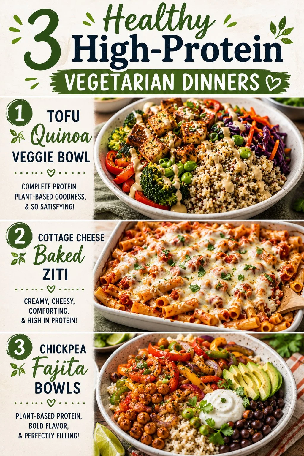 Three healthy high-protein vegetarian dinner dishes: Tofu Quinoa, Baked Ziti, Chickpea Fajita Bowls.