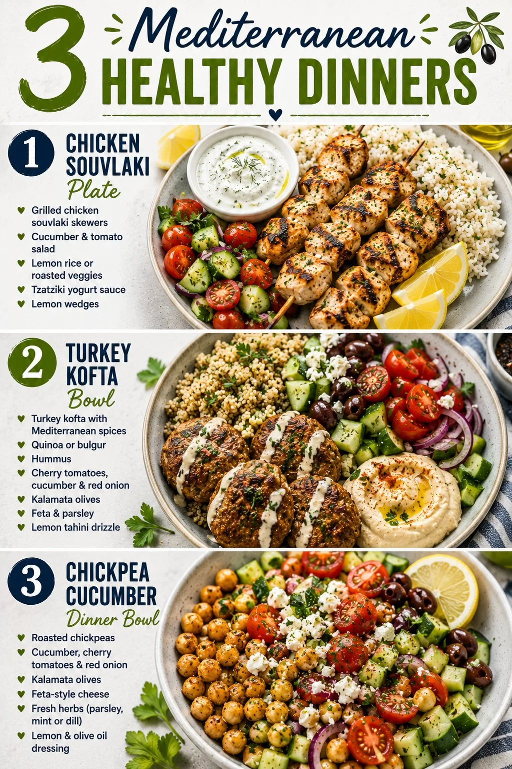 Healthy Mediterranean dinners featuring Chicken Souvlaki, Turkey Kofta, and Chickpea Cucumber Bowls