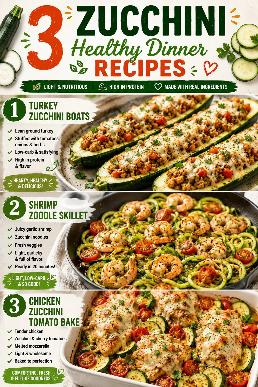Healthy zucchini dinner recipes including Turkey Boats, Shrimp Zoodle Skillet, and Chicken Zucchini Bake