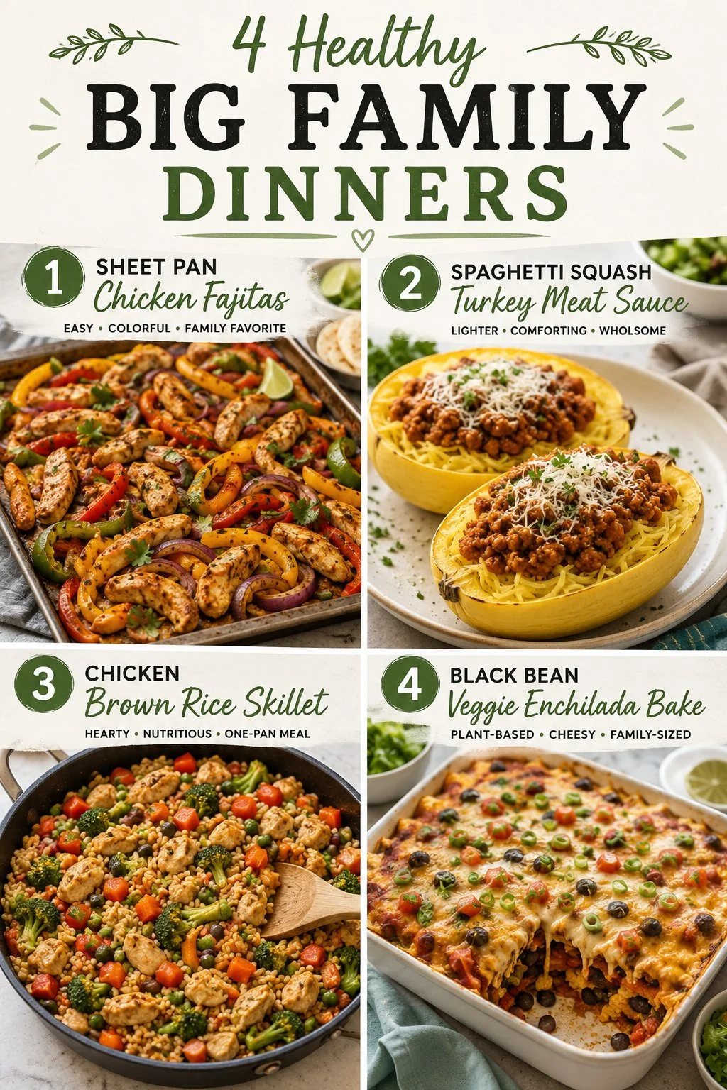 Healthy family dinner recipes featuring sheet pan fajitas and bean enchilada bake.