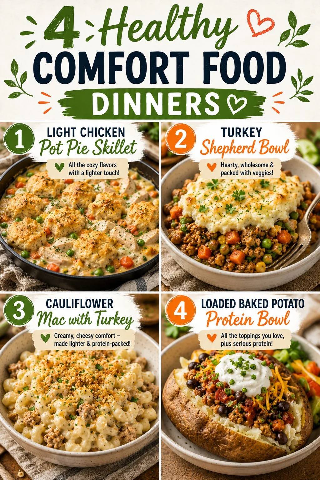 Healthy comfort food dinners featuring Chicken Pot Pie Skillet and Turkey Shepherd Bowl.