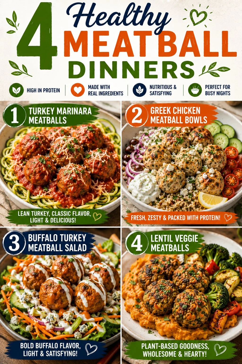 Healthy meatball dinners with nutritious ingredients and vibrant presentation