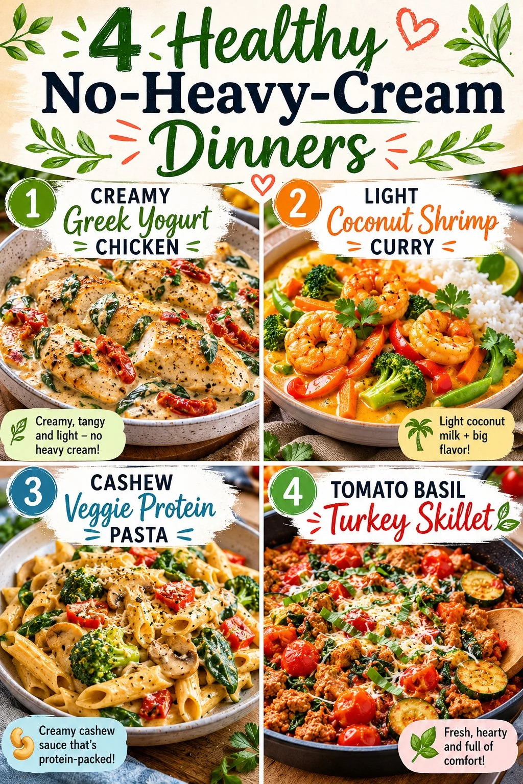 Four healthy dinner recipes: Greek Chicken, Coconut Shrimp Curry, Cashew Veggie Pasta, Tomato Basil Turkey.