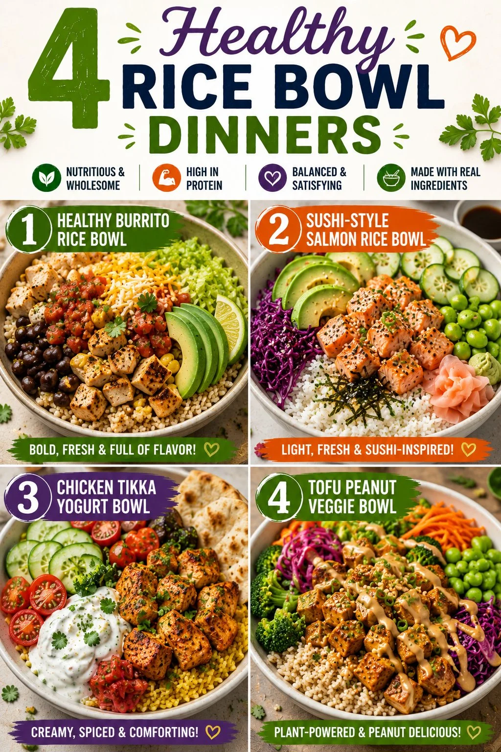 Healthy rice bowl dinners featuring burrito, sushi-style salmon, chicken tikka, and tofu peanut.
