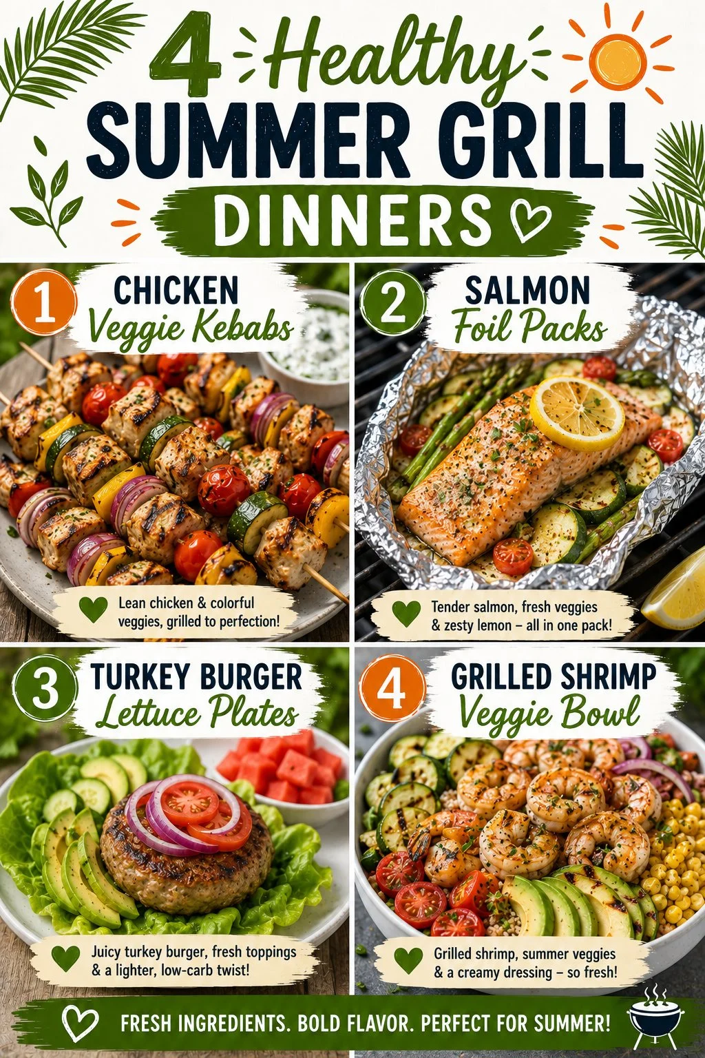 Healthy summer grill dinners including chicken kebabs, salmon foil packs, and turkey burger lettuce plates.