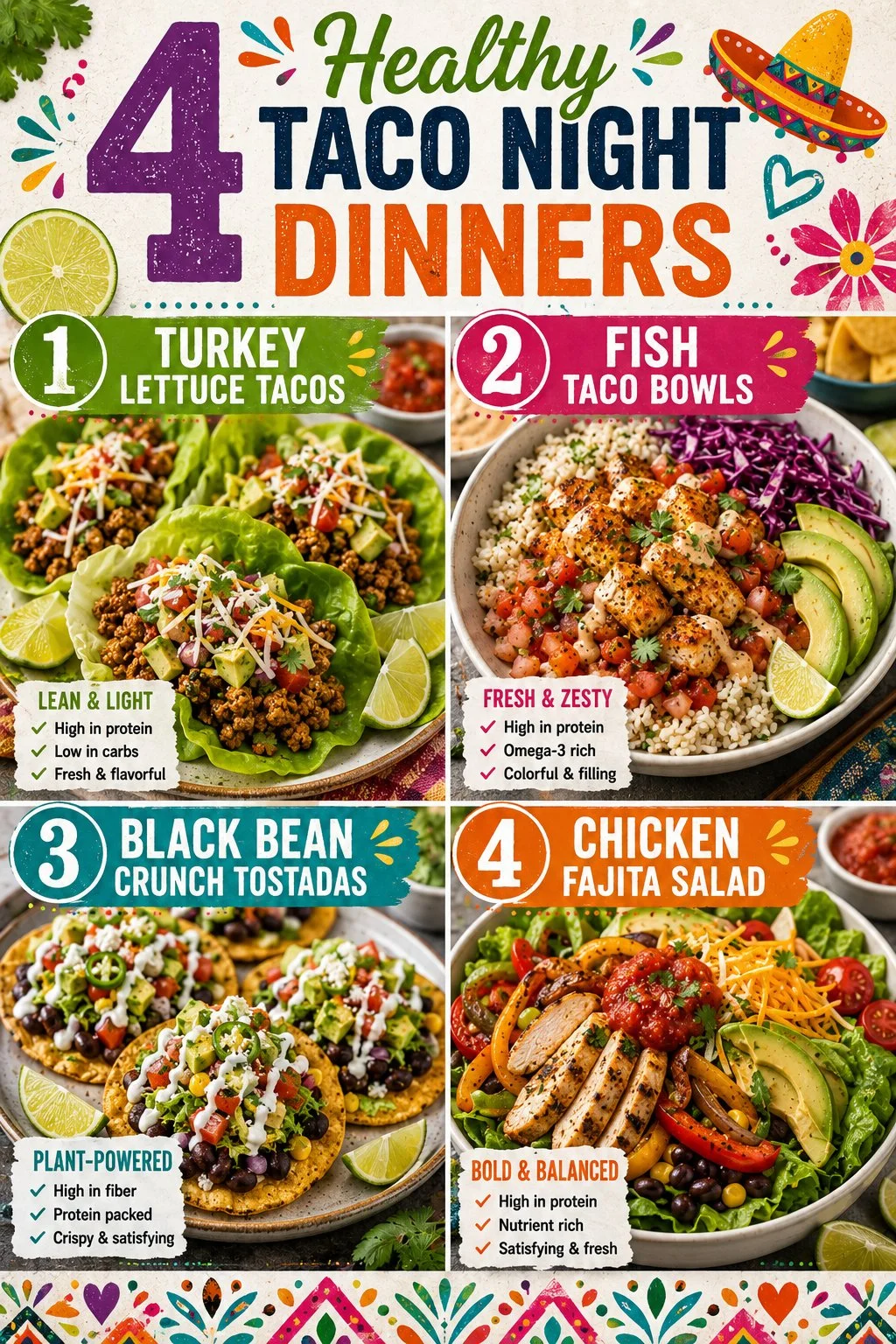 Delicious healthy taco night options: turkey lettuce tacos, fish taco bowls, and more.