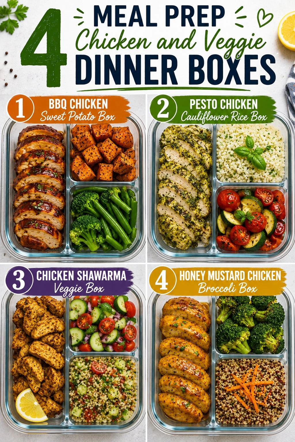 4 meal prep chicken and veggie dinner boxes: BBQ, Pesto, Shawarma, Honey Mustard