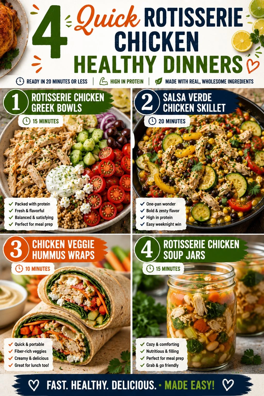 Rotisserie chicken healthy dinners including Greek bowls and veggie wraps.