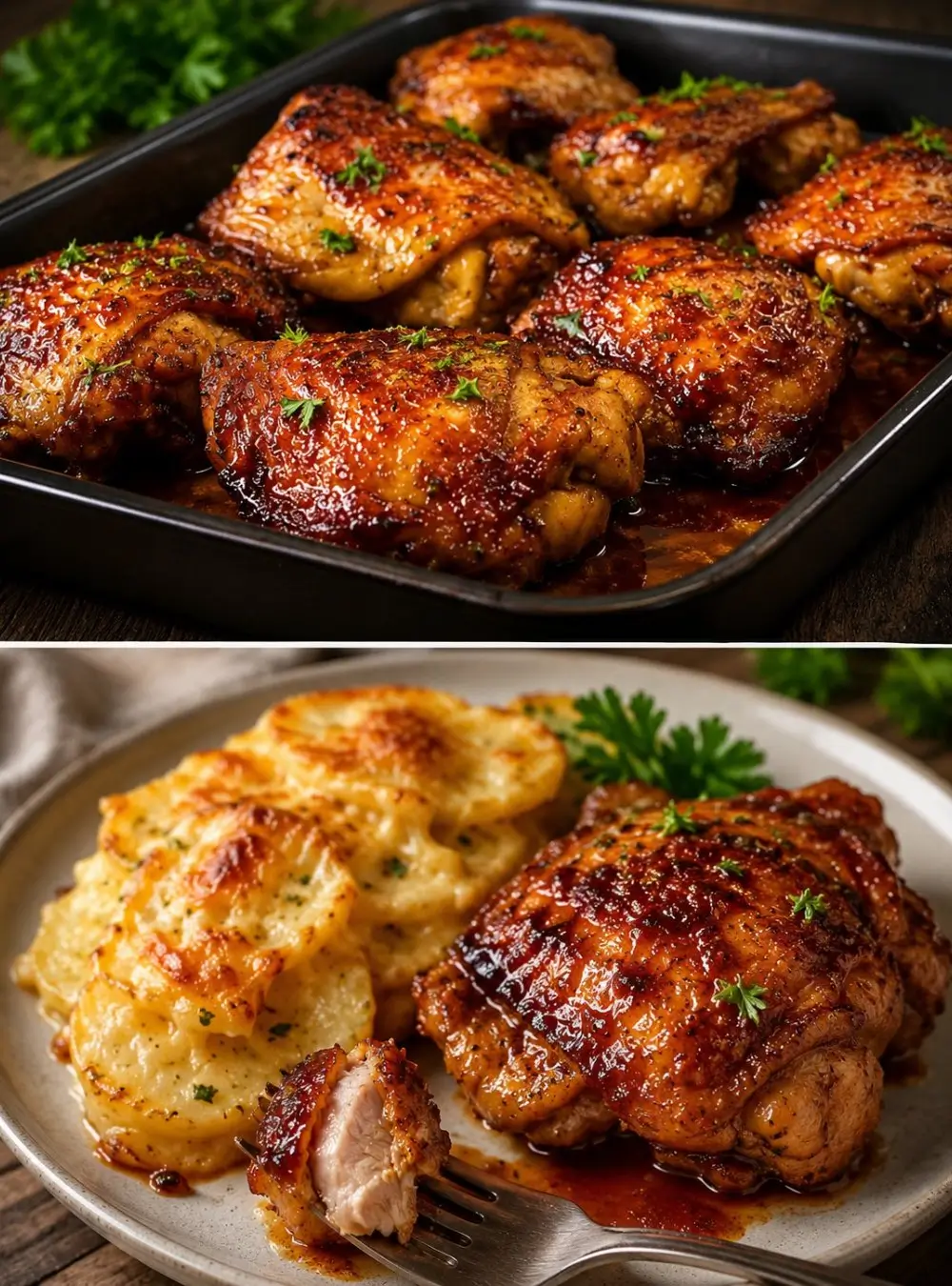 Crispy Glazed Chicken Thighs with Cheesy Potatoes