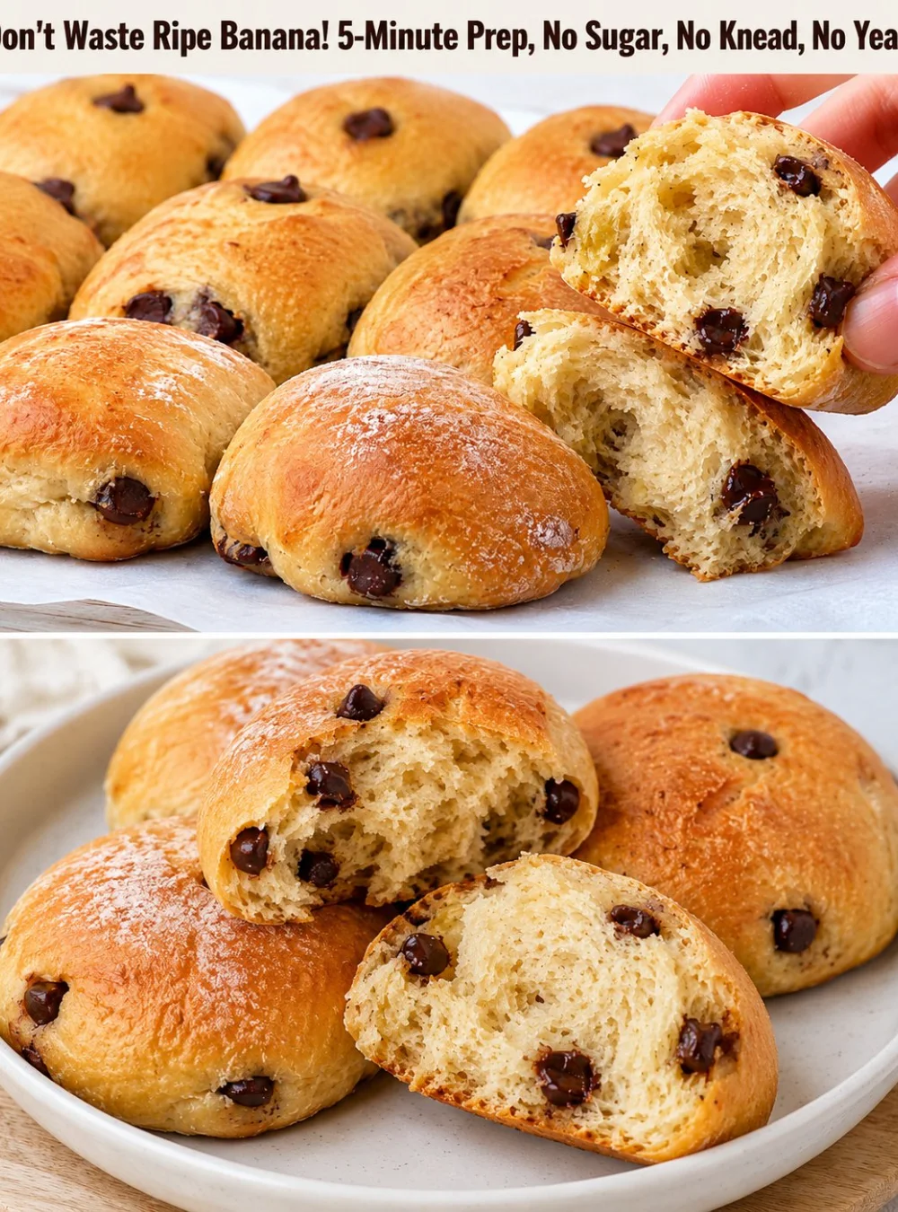 Freshly baked banana chocolate chip bread rolls on a wooden table.