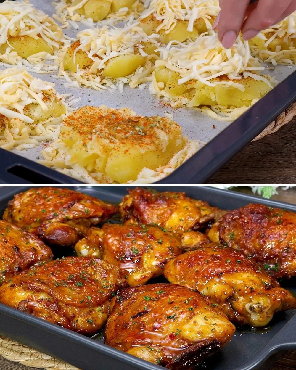 Juicy chicken thighs accompanied by a savory potato side dish