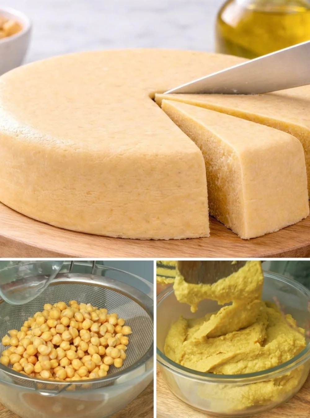 A delicious serving of chickpea cheese on a wooden platter