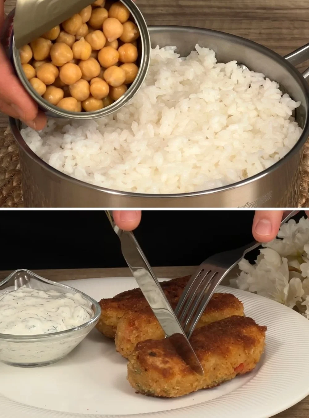 Chickpeas and Rice with Fried Egg Patties and Sauce served on a plate
