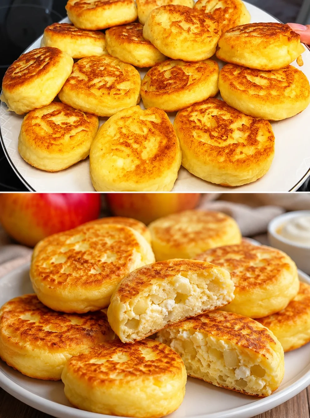 Baked cottage cheese and apple buns on a wooden table