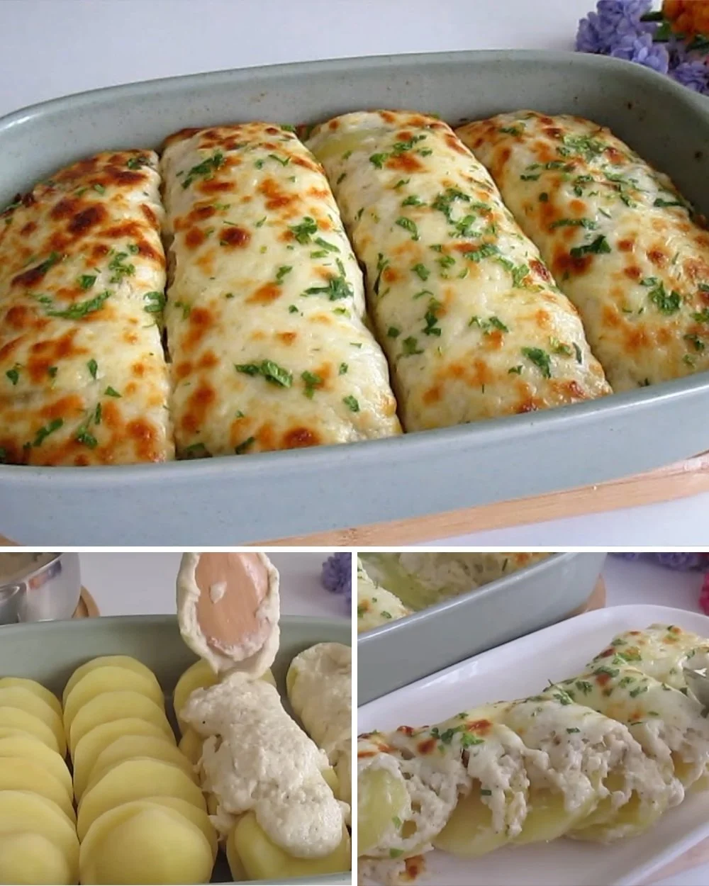 Delicious creamy potato gratin baked with cheese and herbs.