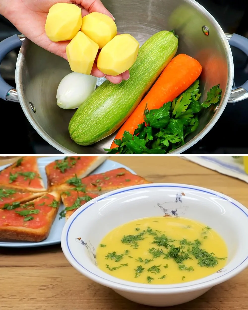 Bowl of creamy zucchini soup with fresh herbs