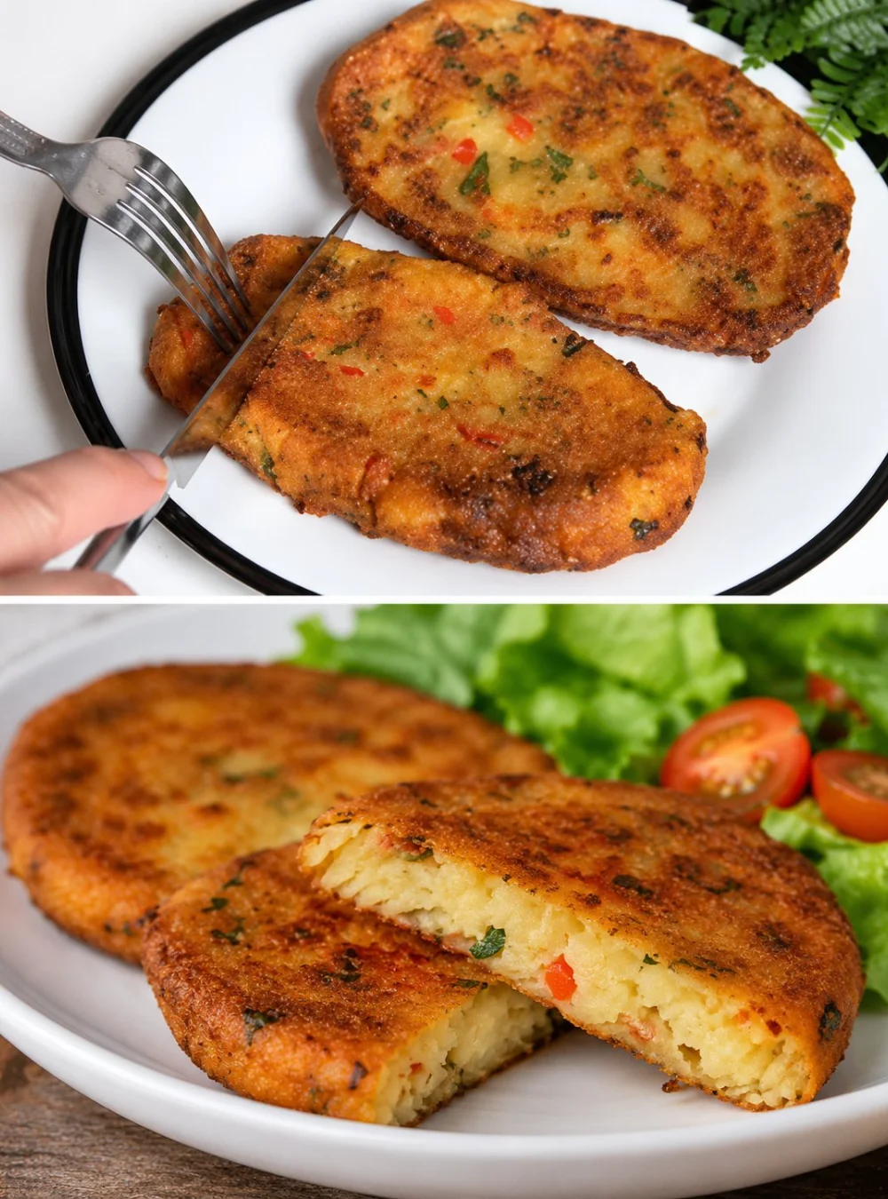 Crispy potato schnitzel served with a side of vegetables on a dinner plate