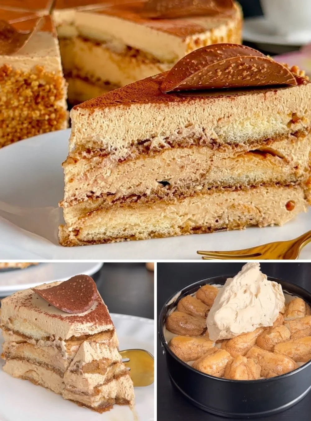 Delicious no-bake tiramisu cake on a serving plate with coffee beans
