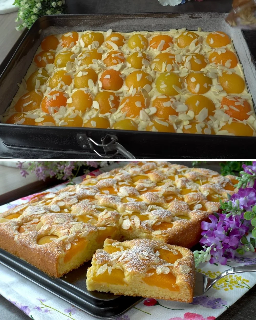 Delicious easy apricot sheet cake topped with fresh apricots and icing