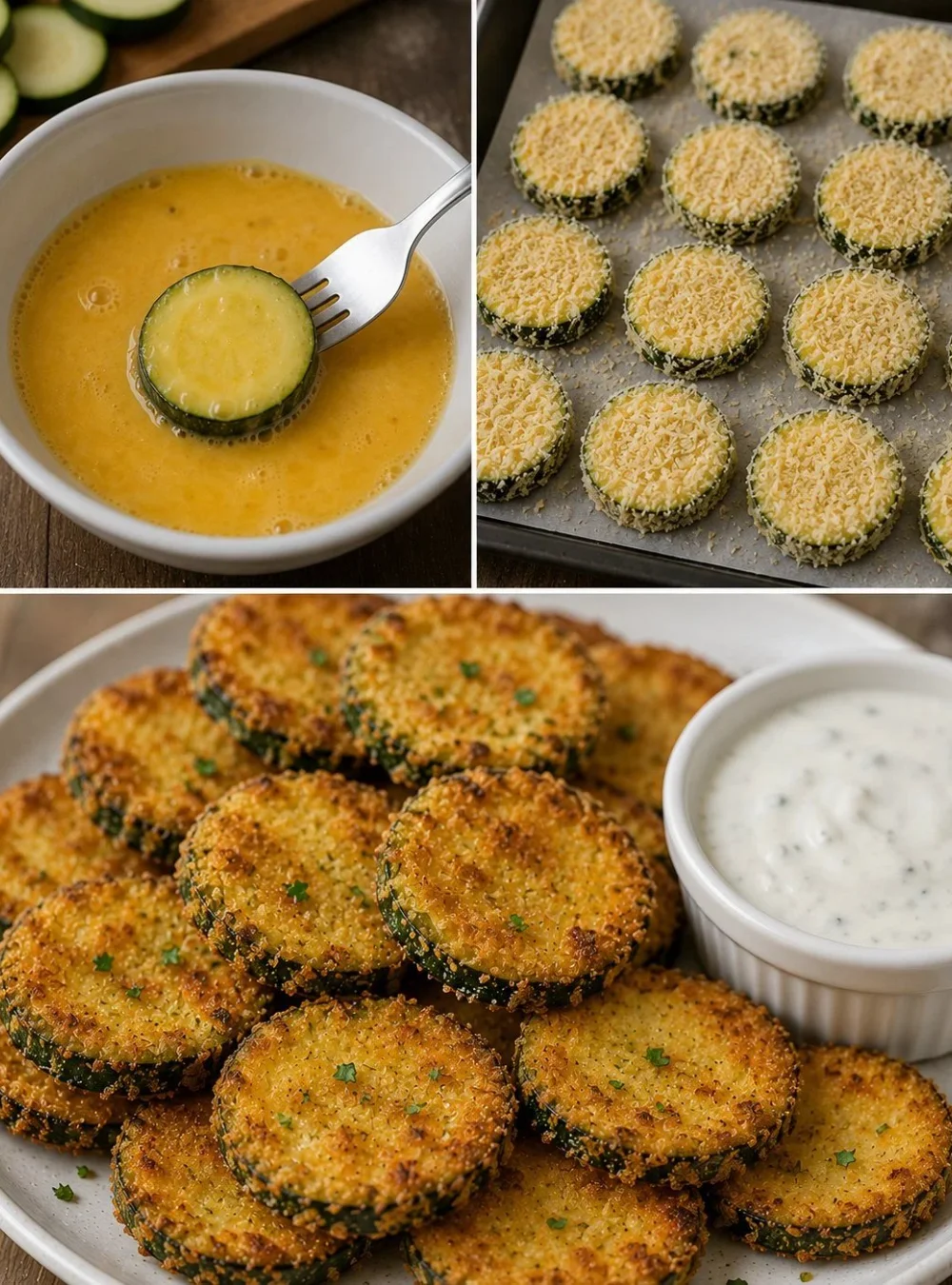 Plate of crispy oven-baked zucchini sticks garnished with herbs