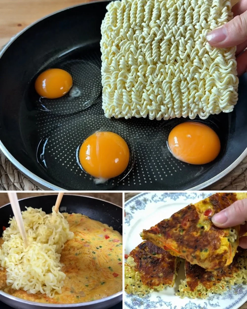 Delicious bowl of easy egg fried instant noodles with vegetables