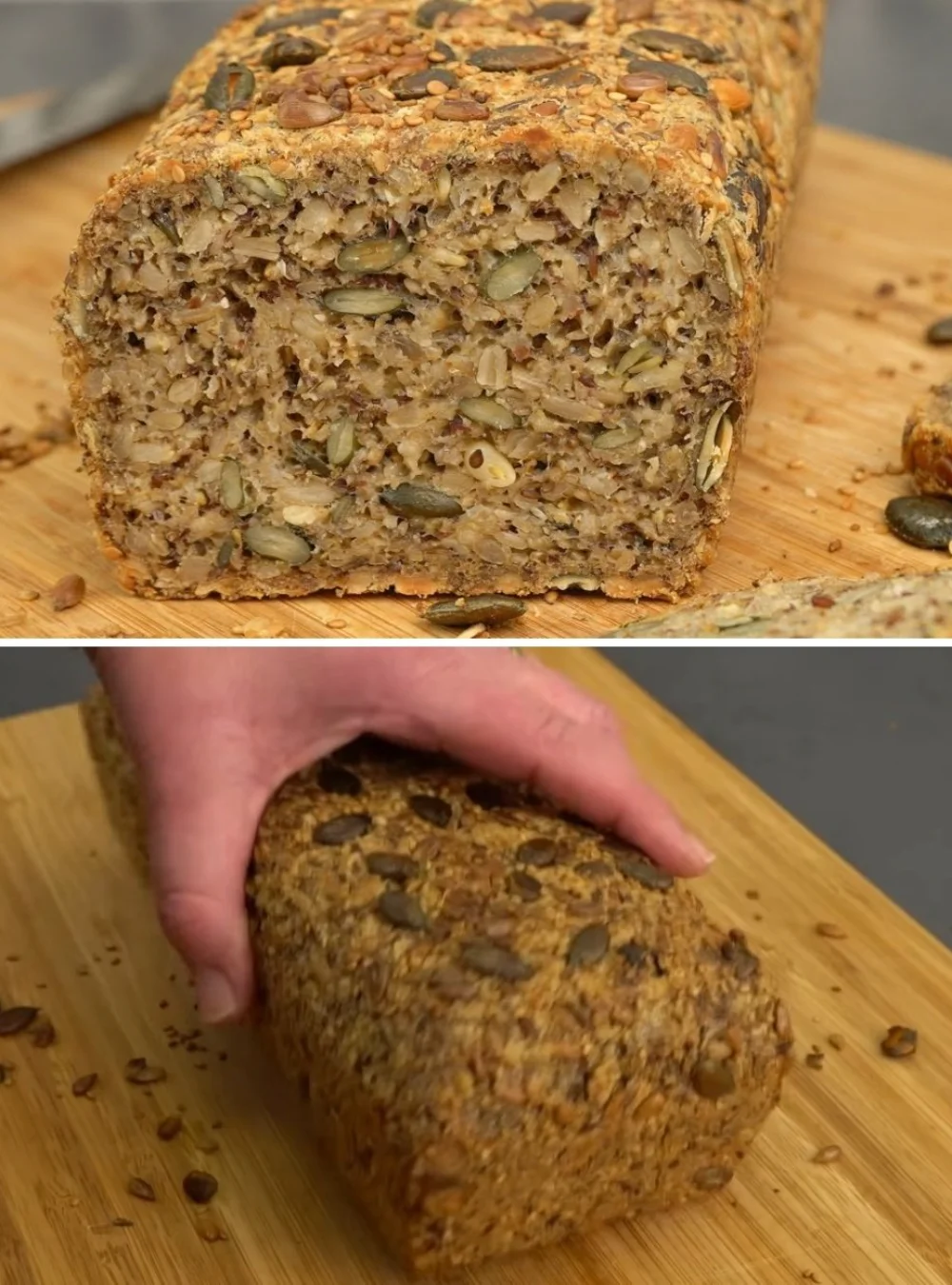 Slice of homemade seed bread on a wooden board